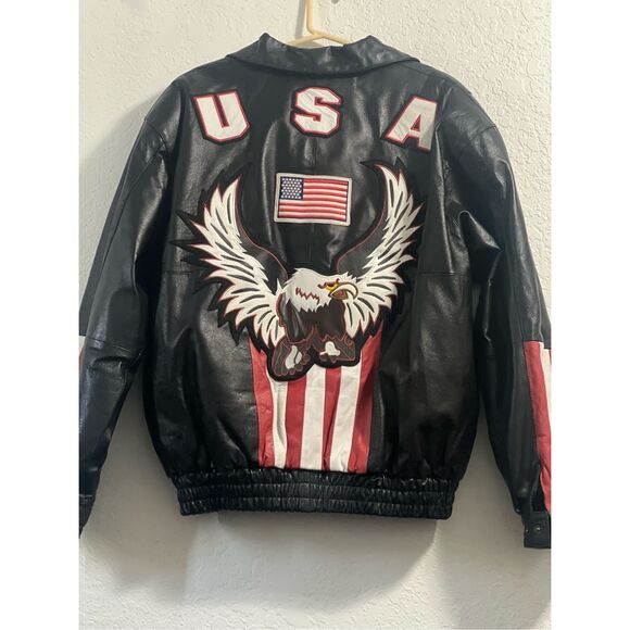 Leather USA SZ LG Jacket Motorcyle Black American Eagle Flag Red Biker America - Picture 1 of 6